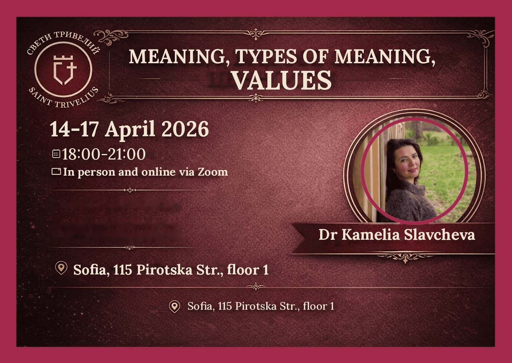 Meaning, Kinds of Meaning and Values · Dr Kameliya Slavcheva · 14–17 April 2026 · 18:00–21:00